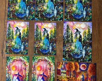 Samples Discounted Fine Art Giclée Signed Print - Witch Moon AutumnCat Owl Flowers Halloween - Terri Ann Foss