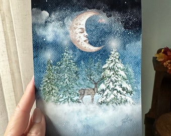 Giclee Fine Art Print Stag Deer Buck Winter Pines Christmas Yule Moon Halloween 5x7 Terri Foss