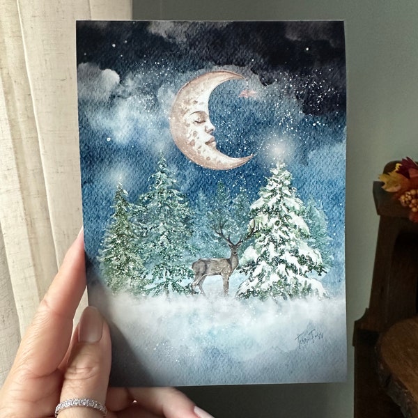 Giclee Fine Art Print Stag Deer Buck Winter Pines Christmas Yule Moon Halloween 5x7 Terri Foss