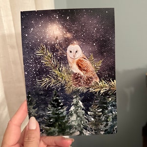 Giclee Fine Art Print Owl Bird Moon Winter Yule Christmas 5x7 Foss image 1
