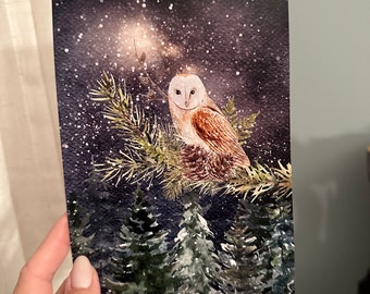 Giclee Fine Art Print Owl Bird Moon Winter Yule Christmas 5x7 Foss