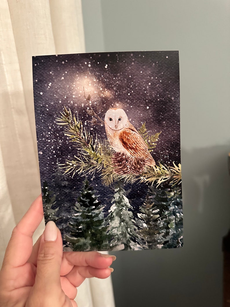 Giclee Fine Art Print Owl Bird Moon Winter Yule Christmas 5x7 Foss image 1