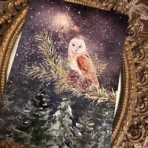 Giclee Fine Art Print Owl Bird Moon Winter Yule Christmas 5x7 Foss image 2