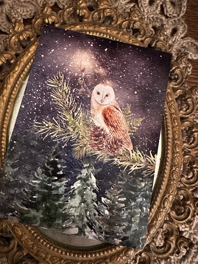 Giclee Fine Art Print Owl Bird Moon Winter Yule Christmas 5x7 Foss image 2