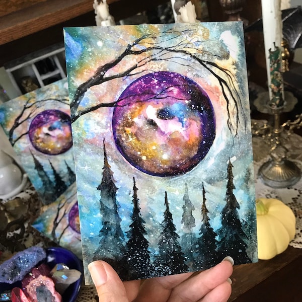 Le dernier! 5x7 Une impression d’art de ma peinture originale Pleine Lune Forêt Pins Terri Foss