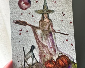 Last Two! Giclee Fine Art Print Witch Cat Pumpkin Winter Yule Christmas Autumn Fall Moon Witch Halloween 5x7 Terri Foss