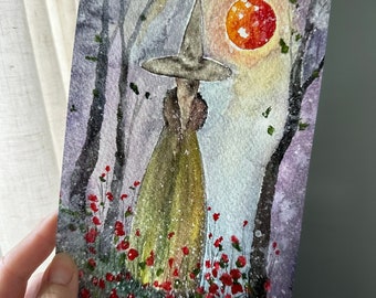 Last Two! Giclee Fine Art Print Witch Moon Witch Halloween Autumn Fall 5x7 Terri Foss