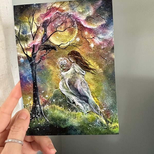 Giclee Art Print from my Original Painting Girl Raven Crow Black Bird Flowers Faerie Cloak Full Moon Witch Goddess 5x7 Foss