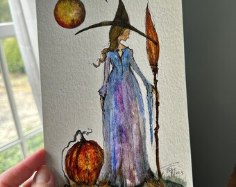 Last Two! Giclee Fine Art Print Witch Cat Pumpkin Winter Yule Christmas Autumn Fall Moon Witch Halloween 5x7 Terri Foss