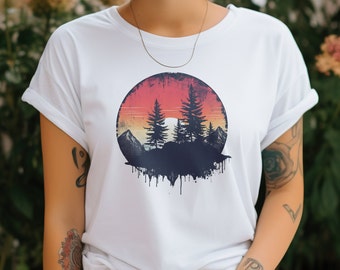 Sunset Mountains T-Shirt: Unisex Camping Tee with Pine Tree Silhouette