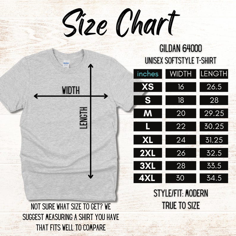 May include: Size chart for Gildan 64000 Unisex Softstyle T-Shirt. The chart shows sizes XS through 4XL with corresponding width and length measurements in inches.