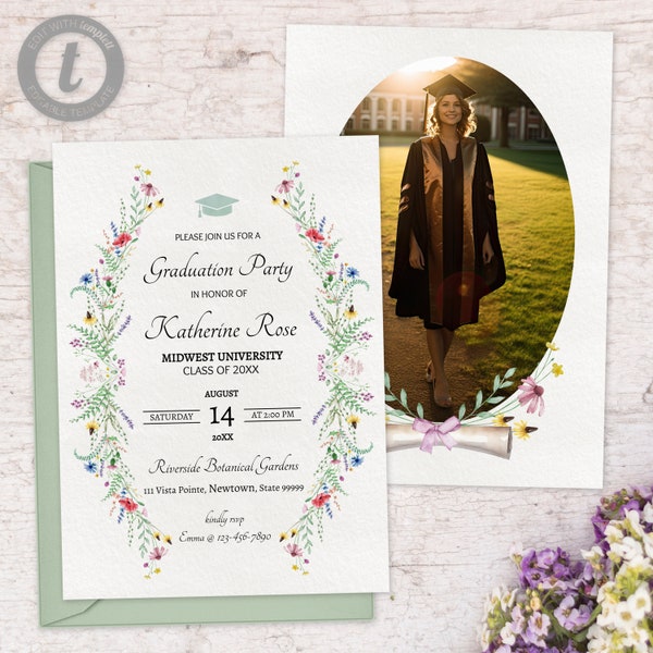 Wildflower Graduation Party Invitation Template, Self Edit Floral Grad Invite, DIY Printable Graduation Stationery, Print at Home Invite 010