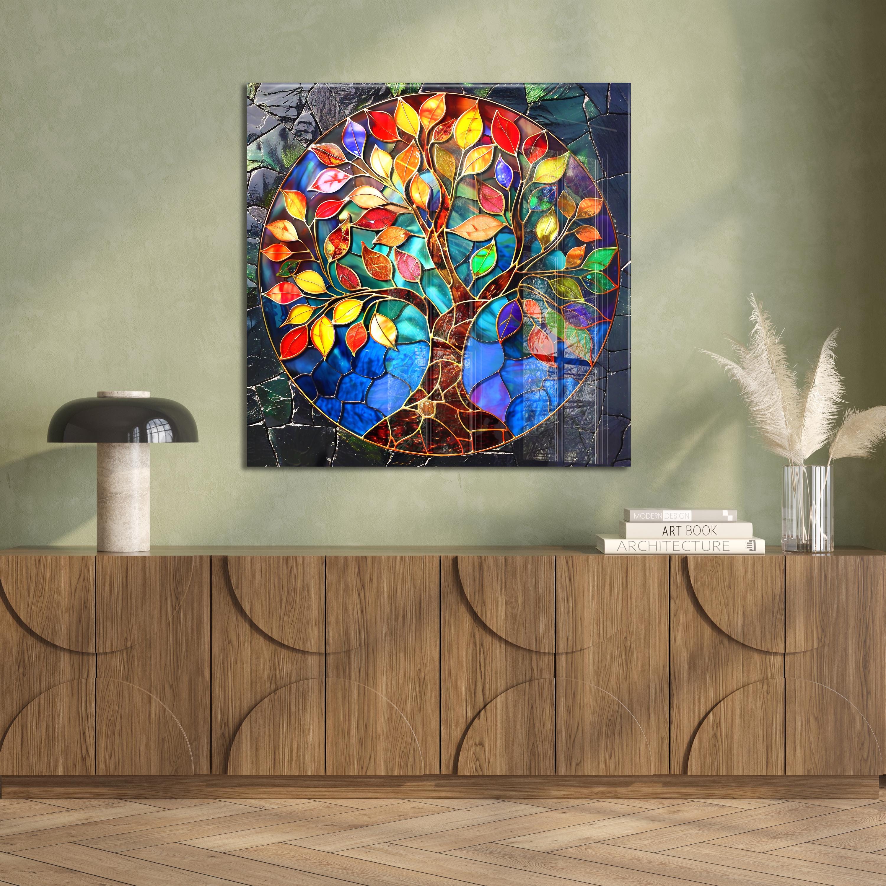 GOOD LIVING 葉の刺繍 インテリアアート Stained Glass Tree of Life Tempered Glass Print Wall Art