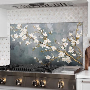 Couvercle supérieur de l'arrière du poêle Flowers - Protège-éclaboussures d'évier de cuisine - Couvercle d'évier de cuisine - Dosseret de cuisine en verre trempé - Carrelage pour crédence en verre marbré