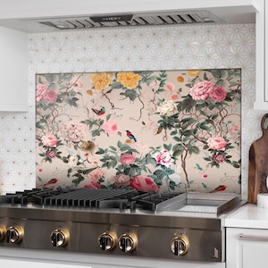 Couvercle supérieur de l'arrière du poêle Flowers - Protège-éclaboussures d'évier de cuisine - Couvercle d'évier de cuisine - Dosseret de cuisine en verre trempé - Carrelage pour crédence en verre marbré