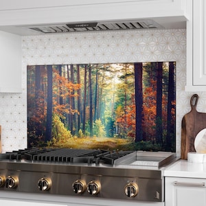 Dosseret de cuisine paysage forestier, couverture arrière de poêle, dosseret de poêle en verre trempé, décoration de cuisine, capot de cuisinière, cadeau de pendaison de crémaillère