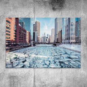 Chicago River in Winter Tempered Glass Print Wall Art l Housewarming Gift  Modern Glass Art Painting Home Decor Wall Art Glass Office Decor