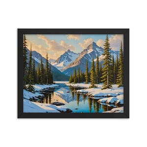 Snowy Mountains Oil Painting Framed Poster