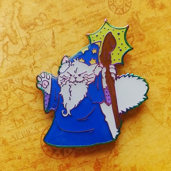 Wizard Cat Soft Enamel Rainbow Metal with Epoxy 1.5" and Glow in the dark!