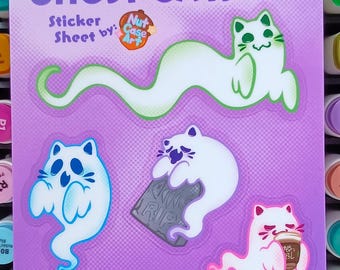 Ghost Cat Sticker Sheet Matte Frosted Clear Stickers 4"x6"
