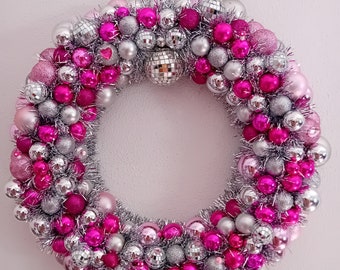 Silver/pink disco wreath, unique, party, wall hanging