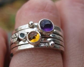 set of 5 sterling silver stacking rings . Spring Posey Skinny Ring Stack . citrine and amethyst . mothers ring stack .multi stone ring stack