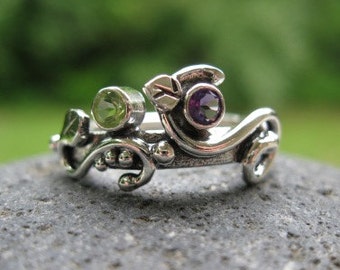 READY TO SHIP unique mothers ring. sterling & 2 birthstones . Wild Garden Mothers Ring . multi stone ring .sz 6.5 with your choice of stones