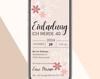 Digital invitation | Digital birthday invitation | customizable | Send via Whatsapp | Flower pattern | DOWNLOAD