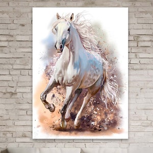 Impresión en lienzo de pintura al óleo de caballo blanco, póster de caballo blanco, póster de caballo, decoración de granja, impresión artística de caballo, pintura de caballo blanco, caballo blanco