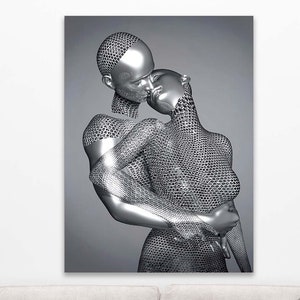 Pareja de plata en 3D, obra de arte de pareja romántica, póster de pareja de plata en 3D, arte de pared de pareja, pareja abrazándose en plata en 3D, arte de pareja abrazándose, arte de pared grande