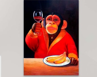 Funny Monkey Art, Animal Print, Monkey and Wine Poster, Abstract Monkey Print, Housewarming Canvas Print, Abstract Chimpanzee Wall Art, Gift