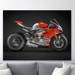 Arte de parede Ducati Panigale V4 – Pôster de Superbike para garagem ou caverna, Tela de motocicleta esportiva – Impressão de arte de corrida Ducati para motociclistas