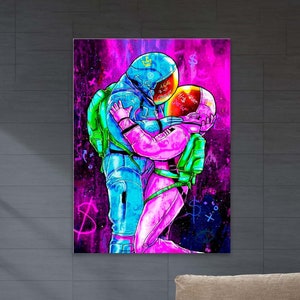 Raumpaar Poster, Raumfahrerin und Raumfrau küssen Leinwand Abstrakte Kunst, Raumpaar Liebe Poster, Astronauten Liebhaber Wandkunst, Nasa Paare Dekor