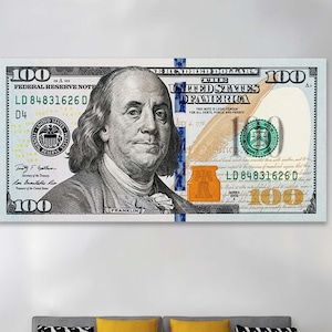 Benjamin Franklin Dollar Art, 100 Dollars Bill Canvas, Money Wall Decor, usd wall art, Money Pop Art Canvas, 100 Bill Cash, Money Wall Art
