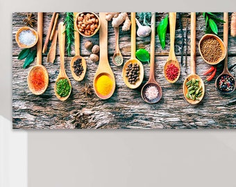 Spoons with Herbs and Spices Poster, Kitchen Canvas Print, Herbs poster, Culinary herbs, Spices Canvas print, Kitchen herbs art