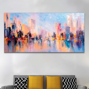 Skyline Blick auf die Stadt Poster, Abstrakte Stadt Ansicht Leinwand, Landschaft Aquarell, Abstrakte Stadt Gemälde, Hauswand Dekor, Stadtansicht
