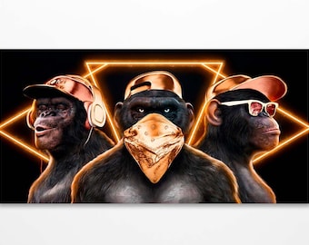 Three Wise Monkeys Canvas, Tree Cool Monkeys Canvas Print,Three Gangster Monkeys Wall Art, 3 Monkeys Artwork,Banksy Canvas, Extra Large Art