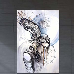 Tribal Woman with Hawk Canvas–Boho Wall Art–Mystical Spirit Animal Poster Home Decor – Bird Spirit Canvas Print–Ethereal Feminine Wall Decor