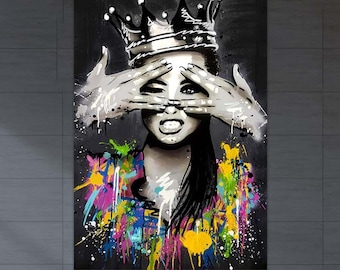 Graffiti Queen Wall Art, Bansky Graffiti Wall Art ,Queen Graffiti Wall Art, Bansky Canvas,Street Art Woman with Crown,Pop Art Canvas
