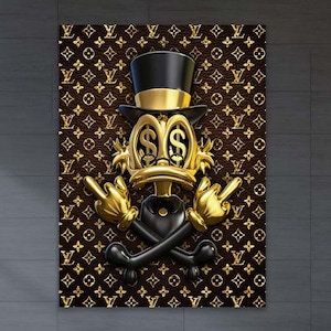 Cartoon Duck and Money Art - Op ontwerper geïnspireerd stedelijk canvas - Donald Duck Money Canvas - Duck Money Art Wall - extra grote muurkunst