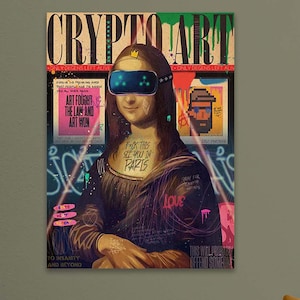 Cyber Mona Lisa,Crypto Graffiti Art Canvas Wall Print,Modern Mona Lisa in VR ,Street Pop Art Poster for Digital Lovers, Extra Large Wall Art