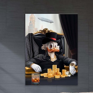 Canvas Duck Money, Duck Money Art Wall, cartoon Duck en Money Art, Donald Canvas, contant geld, extra grote muurkunst, moderne kantoormuurdecoratie