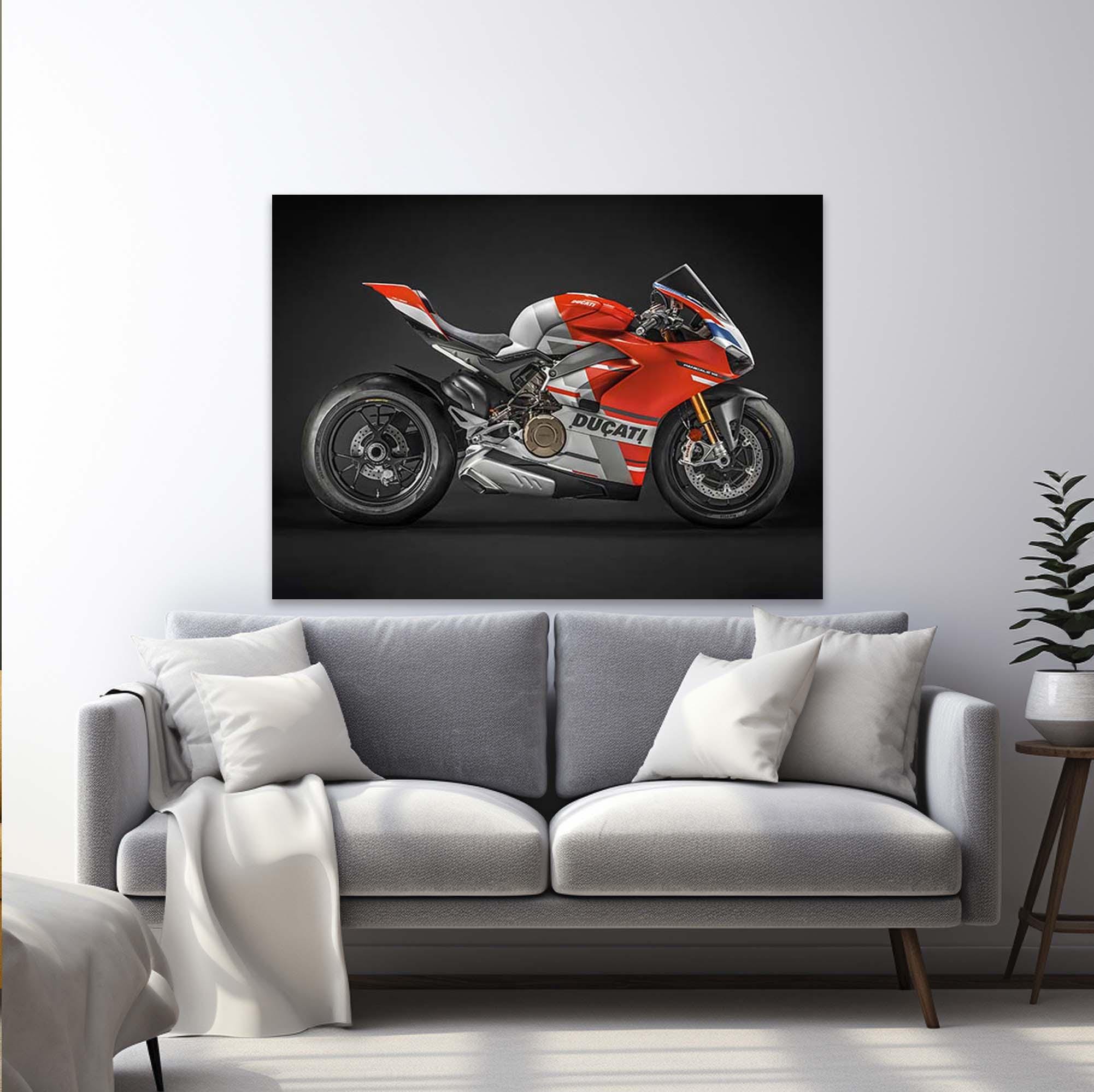 Arte de parede Ducati Panigale V4 – Pôster de Superbike para garagem ou caverna, Tela de motocicleta esportiva – Impressão de arte de corrida Ducati para motociclistas