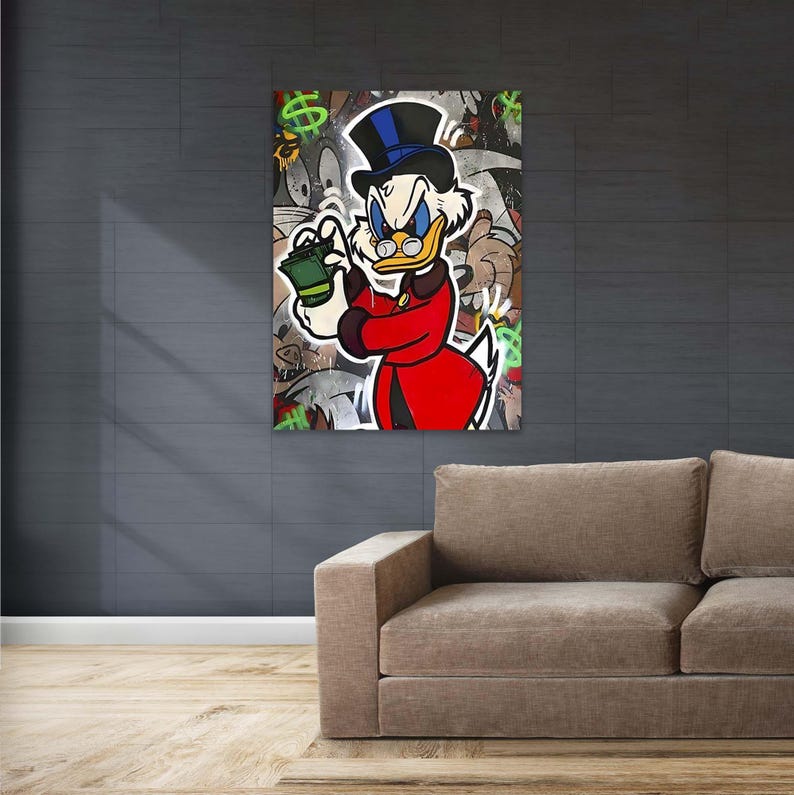 May include: A cartoon illustration of a duck wearing a top hat and red jacket holding a stack of money. The background is a colorful graffiti style design with dollar signs and other cartoon characters.