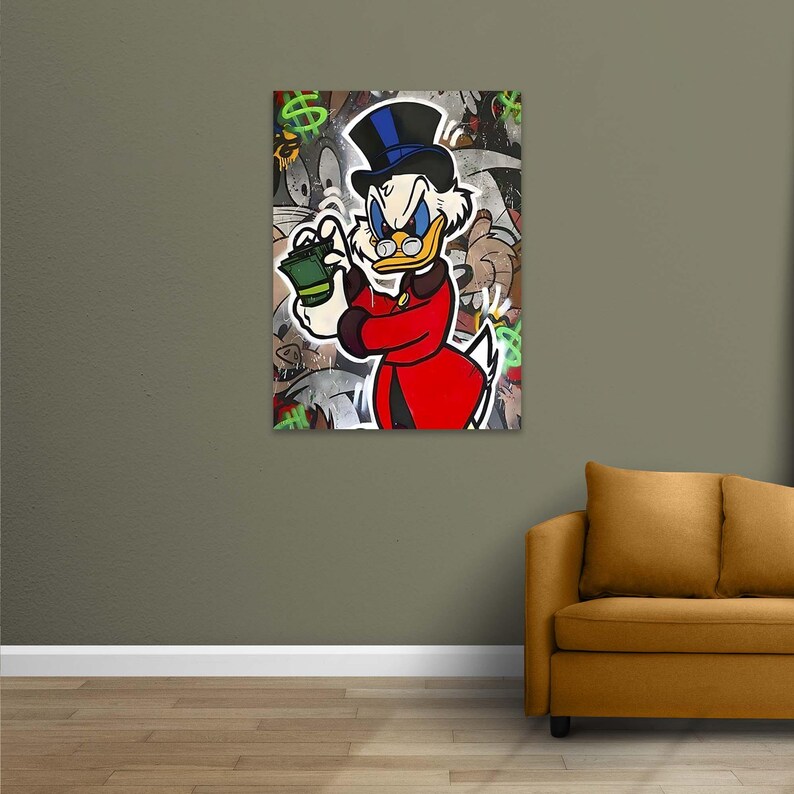 May include: A cartoon illustration of a duck wearing a red and black suit and a blue top hat holding a wad of cash. The duck has a stern expression and is surrounded by green dollar signs and other cartoon characters.