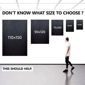 May include: A white wall with black rectangular frames of different sizes. The frames are labeled with dimensions in inches. The text on the wall reads: 'DON'T KNOW WHAT SIZE TO CHOOSE?' and 'THIS SHOULD HELP.'
