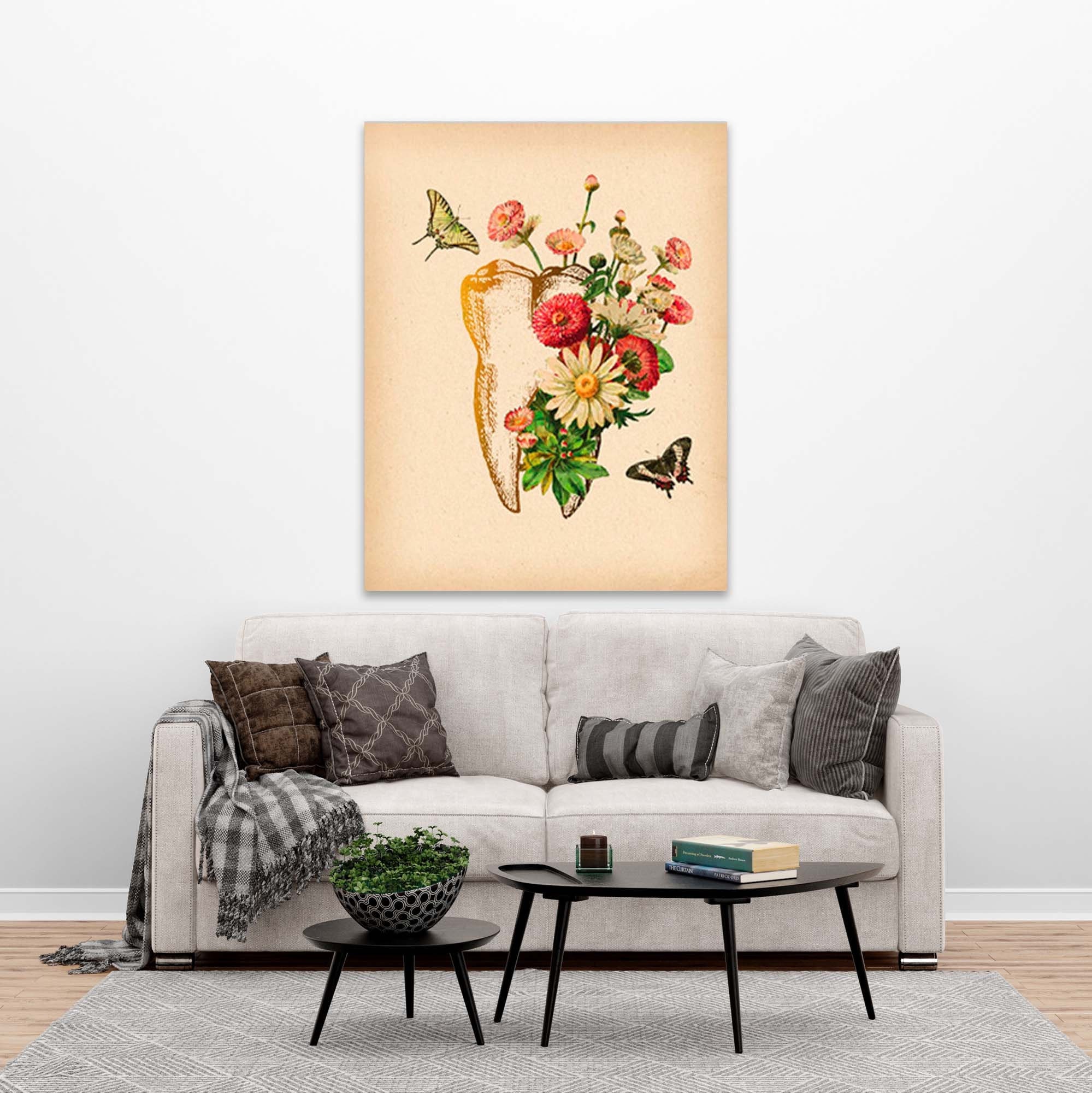 Vintage Tooth  Flowers Canvas Print, Dentist Office, Dental Art, Dentist Wall Art, Dentist Gift, Tooth Print, Tooth Anatomy Painting
