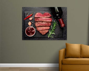 Medium Rare Steak heart Canvas Print, Large Kitchen Wall Decor, Meat Poster, Grilled Steak Print, BBQ Meat Art, Rustic Farmhouse Wall Art