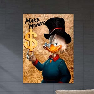 Lienzo de pato de dibujos animados, lienzo de Donald, póster de Make Money, lienzo de arte de Duck Rich, arte de motivación, arte de pared de dibujos animados, regalo de oficina, lienzo de graffiti