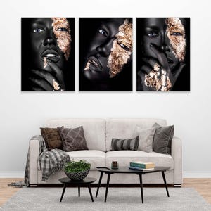 Black Woman Gold Canvas Set of 3, African Black women decor, Set of 3 Posters,Living room decor,Feminine Black Girl Art,Extra Large Wall Art
